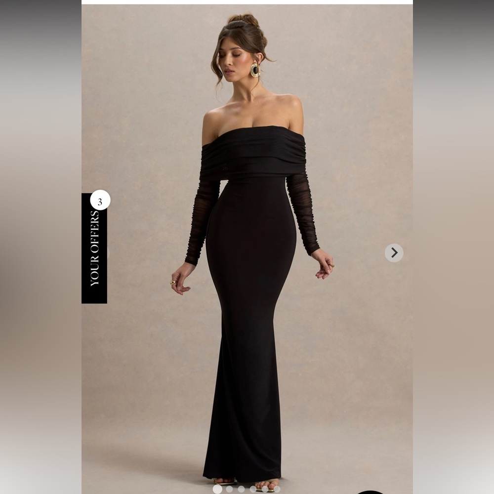 Club London MADELEINE Black Fishtail Maxi Dress With Bardot Mesh Long Sleeves